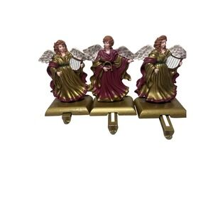 Vintage Cast Iron Angel Stocking Holders - Maroon & Gold - Set of 3